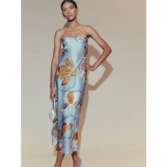 💕REFORMATION💕 Joanne Silk Dress ~ Hyperion Blue Print 10 NWOT - Picture 2 of 15